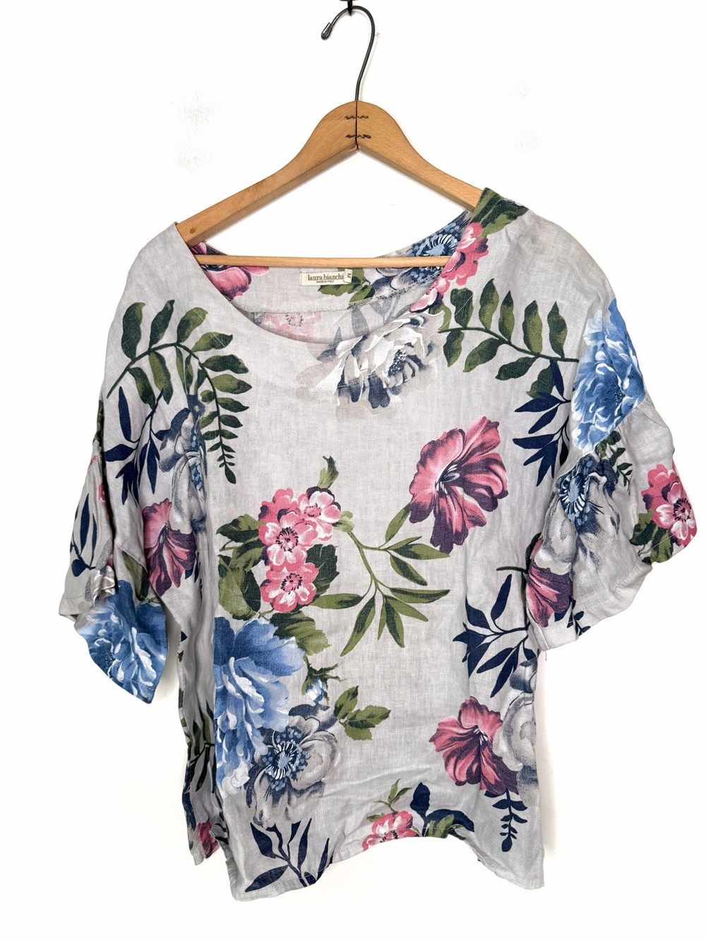 Laura Bianchi Blouse Womens Gray Floral Linen Bell Short Sleeve Size Medium